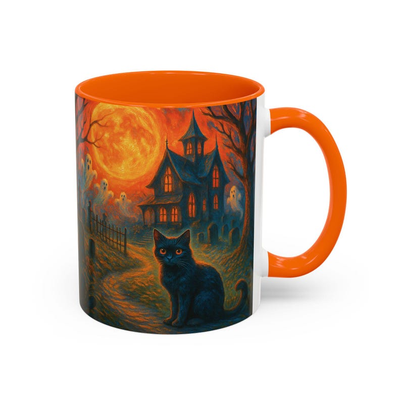 A spooky Halloween mug design featuring a glowing orange moon, eerie ghosts drifting near a gothic haunted house, and a black cat with fiery orange eyes sitting in a graveyard path. Perfect for Halloween lovers, witches, and gothic décor fans, this mug makes a unique fall kitchen piece or haunted holiday gift. Works for coffee, tea, or cocoa. Original design by The Haunted Hollow Co.™.