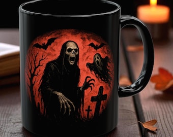 Grim Reaper Mug, Gothic Horror Coffee Cup, Skull & Ghost Art, Spooky Season Gift, Halloween Decor, The Haunted Hollow Co.™