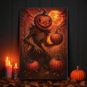 May include: A Halloween artwork shows a scarecrow-like figure with a carved pumpkin head, holding a pumpkin. The background features a full moon and a cornfield. The colour palette is dominated by orange, brown, and red.