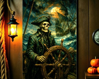Skeleton Pirate Poster, Haunted Ghost Ship Nautical Horror Wall Art, Gothic Pirate Decor, Spooky Ocean Painting, Halloween Maritime Art