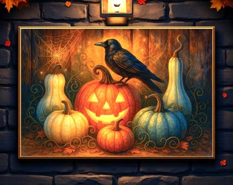 Raven and Pumpkin Gothic Halloween Poster, Spooky Crow Wall Art, Haunted Autumn Décor Print, Witchy Gothic Artwork, Fall Decor, Horror Fans