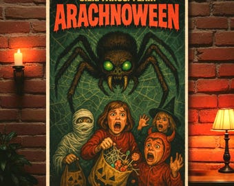 May include: A vintage Halloween poster with a large spider and children in costumes. The poster reads "SILK. FANGS. FEAR! ARACHNOWEEN" in orange. The spider has glowing green eyes and the children are dressed as a mummy, witch, and devil.