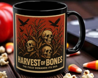 Horror Movie Coffee Cup Faux Harvest of Bones Mug Creepy Skull Cornfield Gothic Halloween Mug Retro Horror Film Artwork Gift for Horror Fans