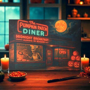 May include: A canvas print depicting "The Pumpkin Patch Diner" at night, with a skeleton chef, pumpkins, and a full moon. The diner's sign glows with neon lights, and the words "Midnight Breakfast, Always in Season" are displayed.