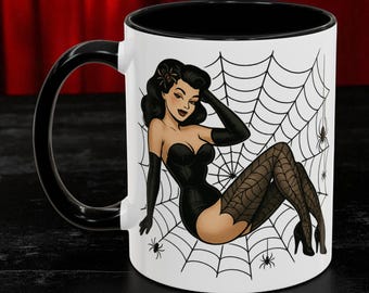 Spider Pin-Up Girl Mug, Vintage Halloween Pinup Coffee Cup Gothic Spiderweb Art Mug Retro Spooky Horror Pinup Gift Gothic Vintage Coffee Mug
