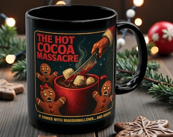 The Hot Cocoa Massacre Mug, Retro Horror Christmas Poster Art, Gingerbread Hot Chocolate Scene, Dark Holiday Mug, Creepy Xmas Gift