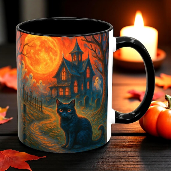 Haunted Black Cat Mug, Gothic Halloween Ghost Coffee Cup, Spooky Haunted House Ghost Design, Witchy Fall Kitchen Tea Cup, (11, 15oz)
