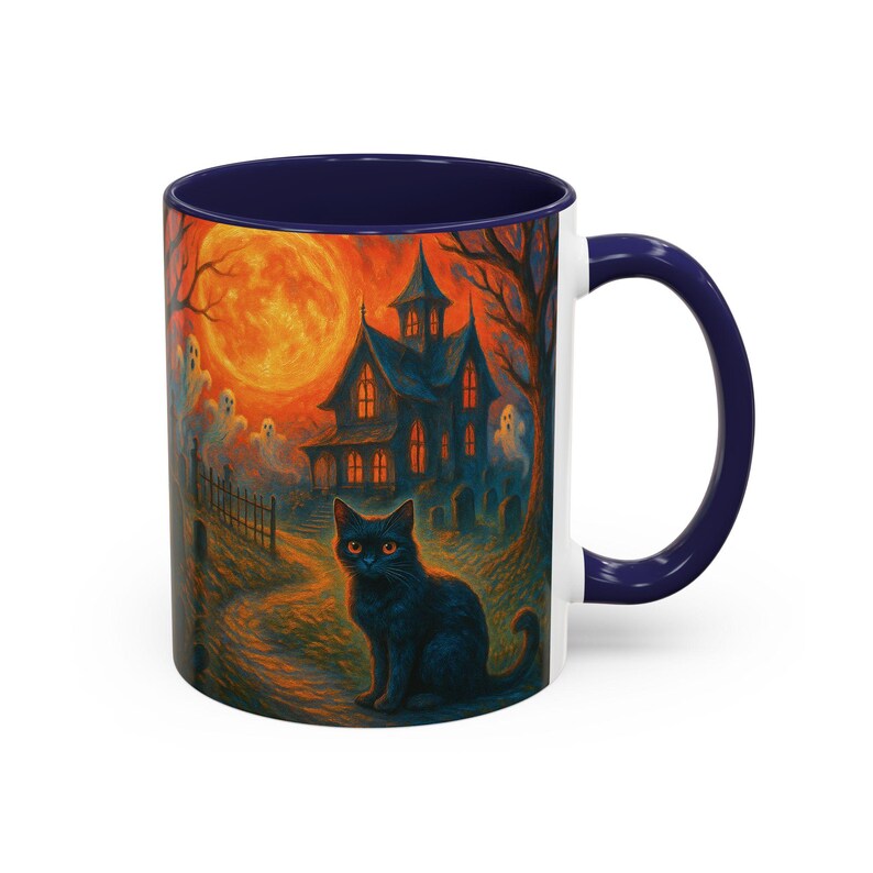 A spooky Halloween mug design featuring a glowing orange moon, eerie ghosts drifting near a gothic haunted house, and a black cat with fiery orange eyes sitting in a graveyard path. Perfect for Halloween lovers, witches, and gothic décor fans, this mug makes a unique fall kitchen piece or haunted holiday gift. Works for coffee, tea, or cocoa. Original design by The Haunted Hollow Co.™.
