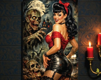 Sexy Zombie Pin-Up Horror Poster | Retro Gothic Halloween Wall Art | Vintage Grindhouse Monster Art | Rockabella Horror Movie Style Print
