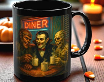 Classic Monsters Coffee Club Mug, Retro Horror Diner Artwork Vampire, Werewolf & Mummy, Gothic Halloween Tea Cup Gift for Horror Lovers