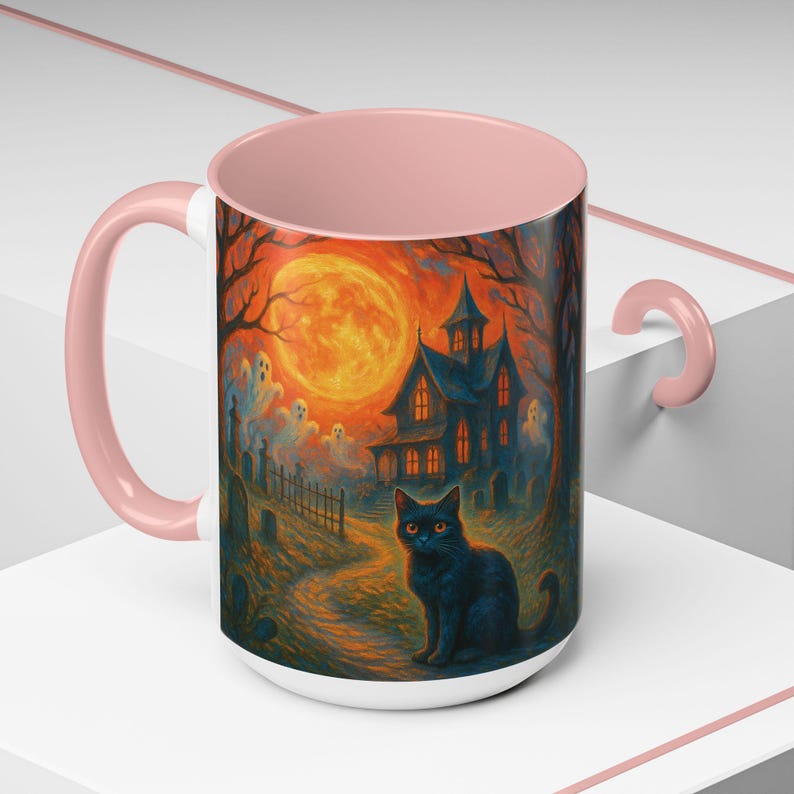 A spooky Halloween mug design featuring a glowing orange moon, eerie ghosts drifting near a gothic haunted house, and a black cat with fiery orange eyes sitting in a graveyard path. Perfect for Halloween lovers, witches, and gothic décor fans, this mug makes a unique fall kitchen piece or haunted holiday gift. Works for coffee, tea, or cocoa. Original design by The Haunted Hollow Co.™.