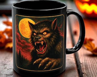 Werewolf Horror Mug, Retro Monster Coffee Cup, Full Moon Gothic Halloween Artwork, Vintage Horror Movie Style Mug for Classic Horror Fans