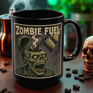 Peut inclure: Mug en céramique noire avec l'inscription "ZOMBIE FUEL" dans un cadre rectangulaire. La tasse présente un graphisme de zombie avec du café versé dans son crâne ouvert. Des grains de café et un crâne sont en arrière-plan.