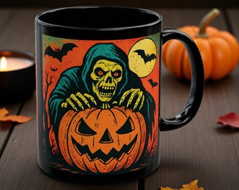 Retro Horror Pumpkin Skeleton Mug, Vintage Halloween TeaCup, Spooky Scary Jack-o-Lantern, Creepy Gift, Halloween Skull & Bat Coffee Mug