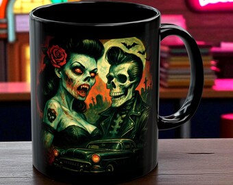Rockabilly Zombie Pinup & Skeleton Greaser Coffee Mug, Retro Halloween Horror Mug, Perfect for Halloween, Horror Lovers, Dark Art Decor
