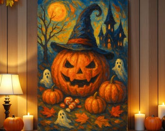 Halloween Pumpkin Witch Hat Poster, Haunted House Ghosts Spooky Wall Art, Vintage Halloween Decor Print, Pumpkin Decor Home for Fall