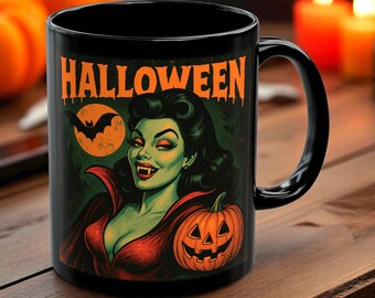Halloween Vampire Pin-Up Mug, Retro Horror Coffee Cup, Gothic Jack-O'-Lantern & Bat Artwork, Spooky Pinup Halloween Gift for Coffee Lovers