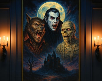 Vintage Classic Monsters Horror Movie Poster, Dracula, Werewolf & Mummy Wall Art, Halloween Scary Print for Home Theater, Spooky Home Decor