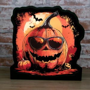 LED Jack-O&#39;-Lantern Pumpkin Light – Cool Halloween Tabletop Decoration with Sunglasses – Spooky Fall Decor.