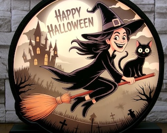 Halloween Witch & Black Cat LED Table Light: Spooky Haunted House Decor