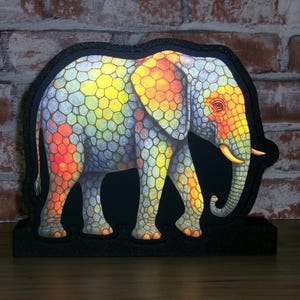Colorful Art Style ,artistic Elephant LED Night Light – Unique Animal Table Lamp for Home Decor, geometric colorful pattern, fun art style.
