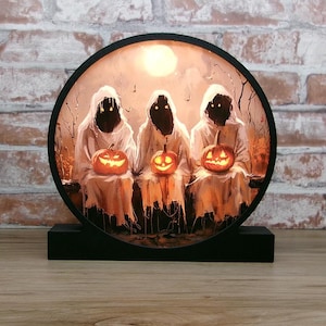 three Ghosts LED Tabletop Light – Halloween Spooky Decor, Ghost Bench with Pumpkins, Haunted Night Light, Creepy Cute Ghost Lamp