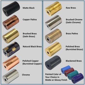 May include: A selection of cylindrical cabinet knobs in various finishes, including matte black, copper patina, brushed brass, and chrome. The image also shows raw brass, brushed chrome, brass patina, polished brass, and blackened brass knobs. Text indicates matte or glossy finish options.