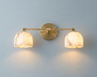 Modern Alabaster Brass Sconce | Double Bathroom Vanity Light, Natural Stone Lamp