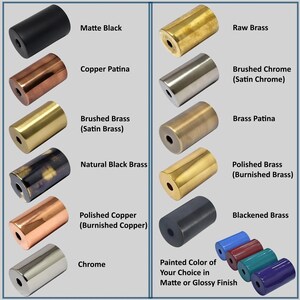 May include: A selection of cylindrical cabinet knobs in various finishes, including matte black, copper patina, brushed brass, and chrome. The image also shows raw brass, brushed chrome, brass patina, polished brass, and blackened brass knobs. Text indicates matte or glossy finish options.