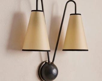 Double Arm Wall Sconce, Mid Century Cone Shade Brass Light Fixture