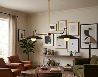 Lámpara de araña lineal moderna de latón, colgante de 2 luces, iluminación minimalista de mediados de siglo para comedor.