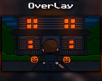 May include: A pixel art Halloween-themed animated overlay. The image shows a house with lit orange windows, two carved pumpkins, and a figure holding a knife. The text "Animated Overlay" is at the top, with the artist's name at the bottom.