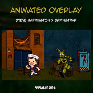 Puede incluir: Superposición animada con los personajes de dibujos animados Steve Harrington y Springtrap. Steve, con un atuendo de marinero, huye de un edificio. Springtrap, un animatrónico amarillo, corre sobre equipaje. El fondo incluye un edificio y un entorno oscuro.