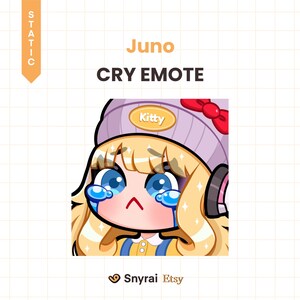 Puede incluir: Ilustración digital de un personaje de dibujos animados llorando llamado Juno. Juno tiene cabello rubio, ojos azules y lleva un sombrero morado con un lazo rojo y la palabra "Kitty". El texto "CRY EMOTE" está encima de la ilustración.