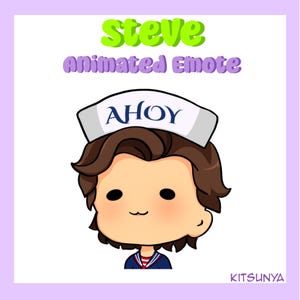 Könnte beinhalten: Ein animiertes Emote mit einer Cartoonfigur mit braunen Haaren, die einen Matrosenhut mit dem Wort "AHOY" trägt. Die Figur trägt ein blau-rot gestreiftes Hemd. Die Wörter "Steve" und "Animated Emote" sind geschrieben.