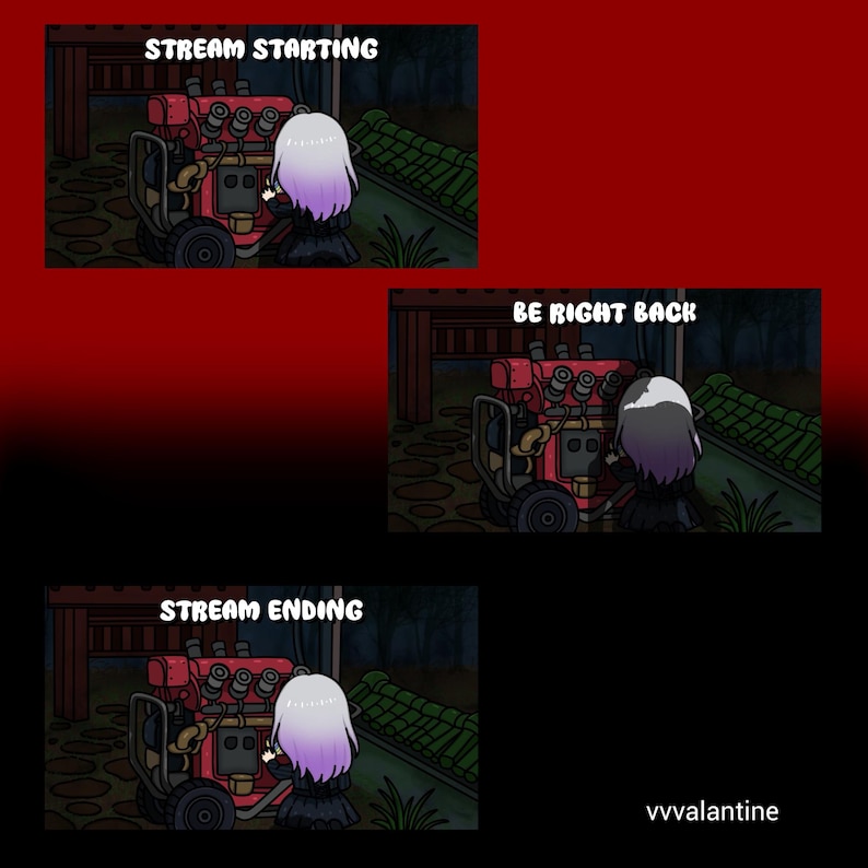 May include: Animated stream overlay with three scenes: "Stream Starting," "Be Right Back," and "Stream Ending." Each scene features a cartoon character with white and purple hair interacting with a red machine. The background is a dark, outdoor setting.