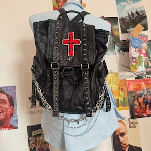 Large Capacity Unisex Soft Leather Backpack 15inch Laptop School Bag Goth Red Cross Daily Black Backpack For Woman Man Grunge Backpack