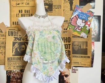 Spitze Grün Tank Top Handgemachte nette Spitze weg von der Schulter Fee top, Y2k Top, Grunge top, Lace Bead Embroidery Mehrzweck Leibchen Kopftuch