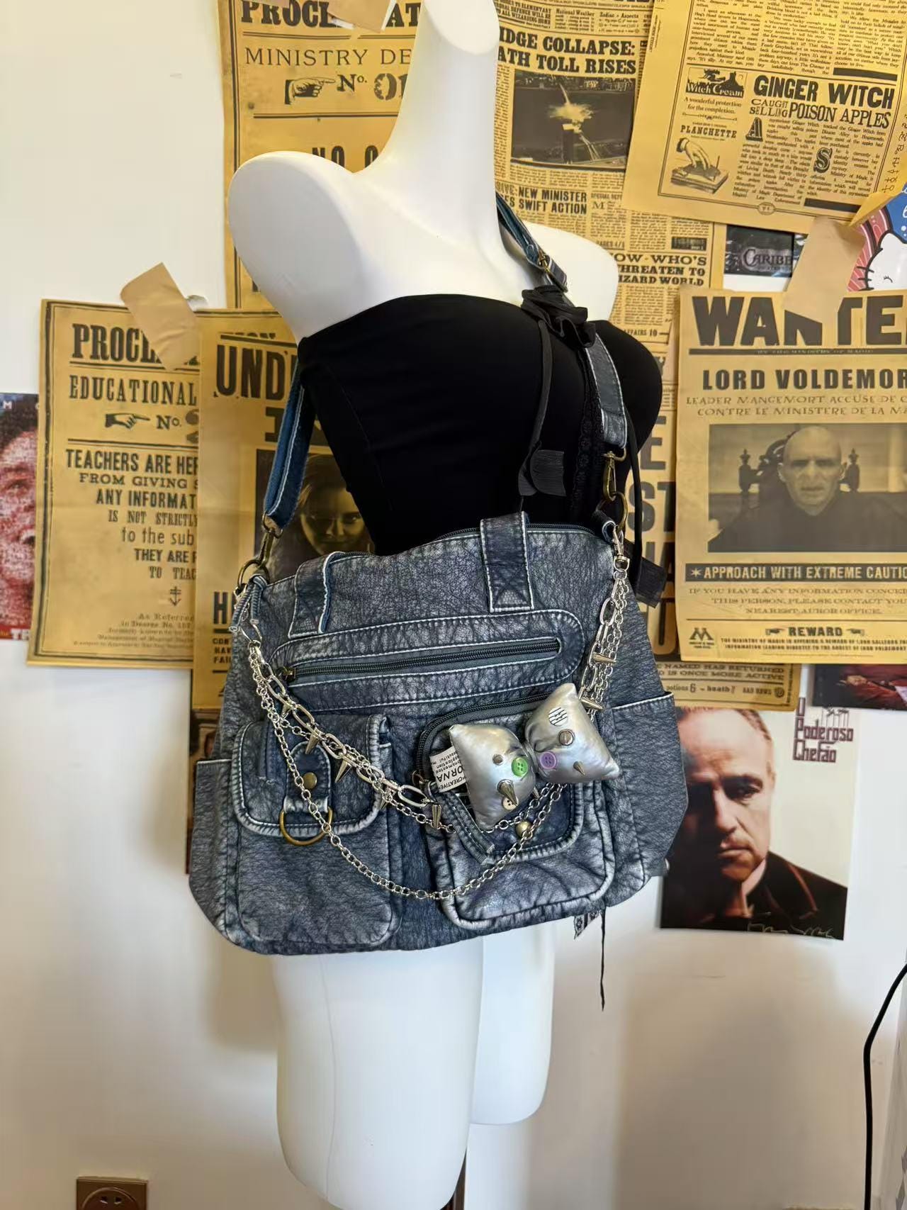 Y2K Crossbody Bag Women Punk Removable Bow-tie Daily Messenger Bag 