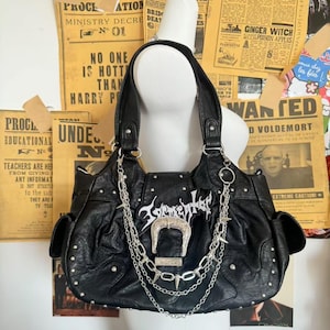 Grunge Shoulder Bag  Vintage Patch Emo Design Girl Soft PU Leather Tote Bag Crossbody Bag Y2K Accessories  Shoulder Bag with Crossbody Strap