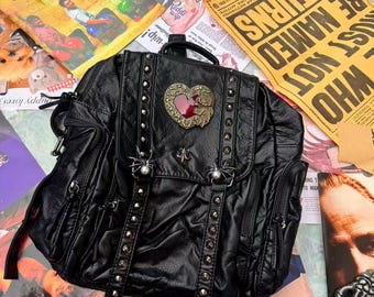 Large Capacity Unisex Soft Punk Leather Backpack 15inch Laptop School Bag Goth Chain Daily Black Backpack For Woman Man Y2k  Grunge Backpack