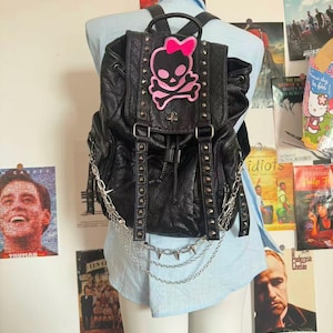 Large Capacity Unisex Soft Leather Backpack 15inch Laptop School Bag Goth Patch Chain Daily Black Backpack For Woman Grunge Backpack