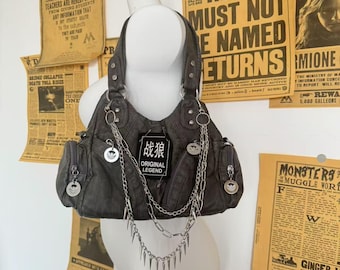 Bolso de hombro Y2K Emo para mujer, con parches, diseño punk, de piel sintética suave, tipo tote, cruzado, con correa cruzada