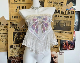 Spitze Tank Top Handgemachte nette Spitze weg von der Schulter Fee top, Y2k Top, Cropped Top, Spitze Bead Embroidery Mehrzweck Leibchen Kopftuch Tank