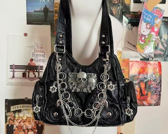 Y2K Emo Shoulder Bag Women  Metal Skull Punk  Girl Soft PU Leather Tote Bag Grunge Crossbody Bag Y2K  Shoulder Bag with Crossbody Strap