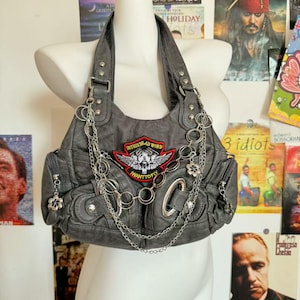 Y2K Emo Shoulder Bag Women Patches  Punk Design Girl Soft PU Leather Tote Bag Crossbody Bag Y2K  Shoulder Grunge Bag with Crossbody Strap