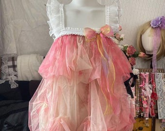 Vibe Pink Gradient Tulle Dress : Lace Trim Bow Ribbon Puff Silhouette Dress