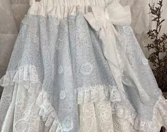 Handmade Romantic Fairycore Lace Mini | Pastel Blue with Eyelet Layers and Polka Dot Bow