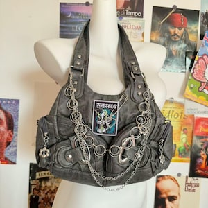 Y2K Emo Shoulder Bag Women Patches  Punk Design Girl Soft PU Leather Tote Bag Crossbody Bag Y2K  Shoulder Grunge Bag with Crossbody Strap