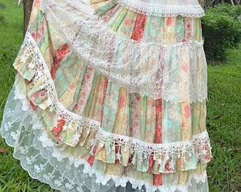 Frilly Patchwork Maxi Skirt : Lace Ruffle Star Accent Lolita Skirt